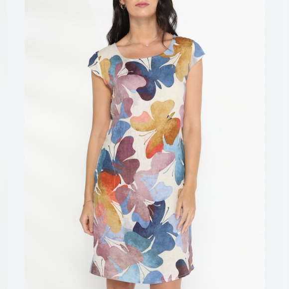 Linen Luv Blue Butterfly Art-To-Wear Linen Dress w/ Pockets Made in Italy Small - Picture 1 of 11
